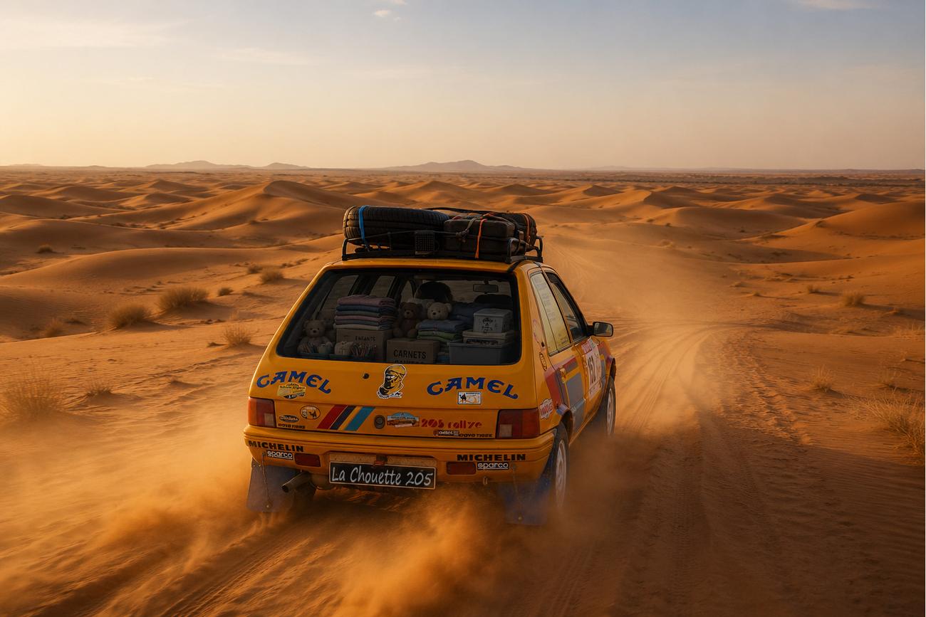 Illustration : la Chouette 205 dans les dunes du Maroc