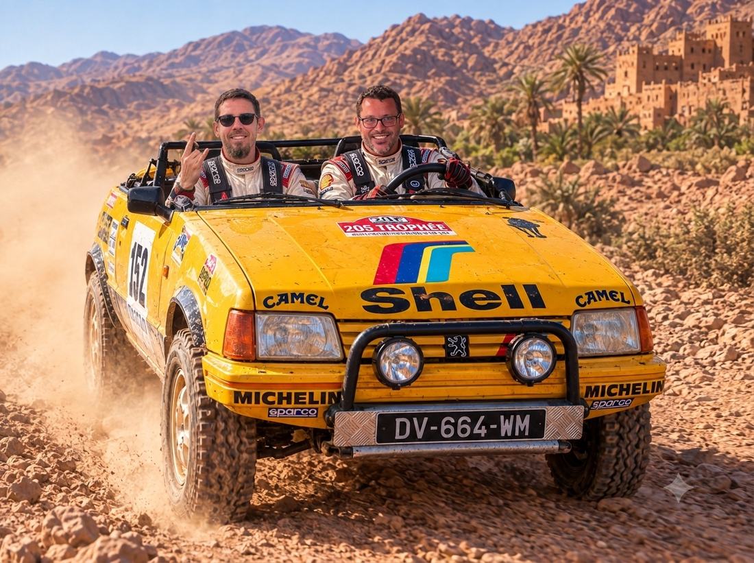 Anthony et Alexandre aux commandes de la 205 numéro 152, dans les dunes du Maroc